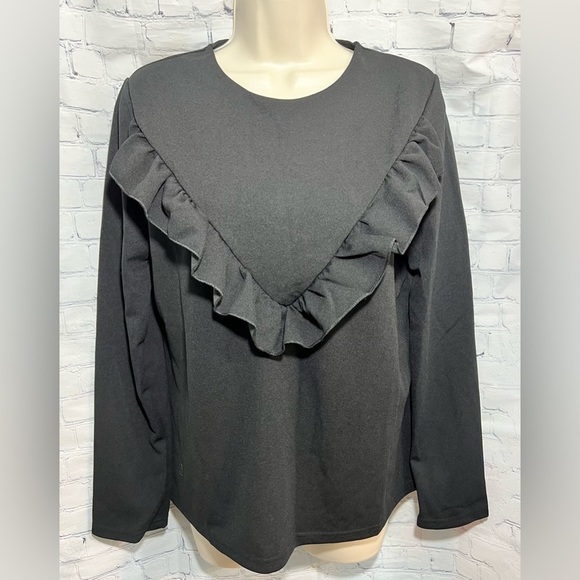 RUFFLED Front Long Sleeve Blouse Black Size Large - Picture 1 of 4